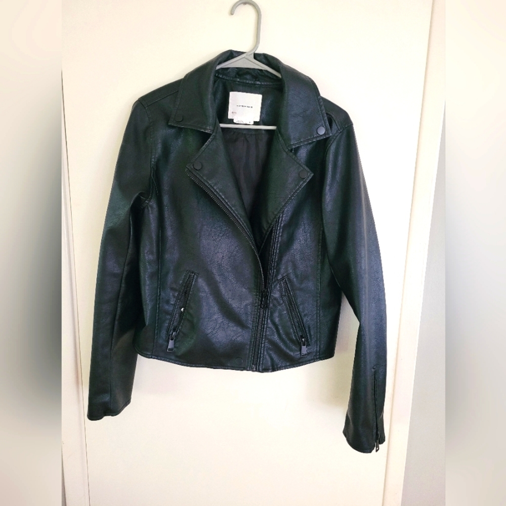 Anthropologie black faux leather moto jacket size medium.